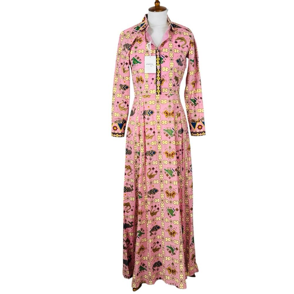 Ananya by Rose Pink Gold Animal Novelty Print Maxi Shirt Dress NWT Women's Small